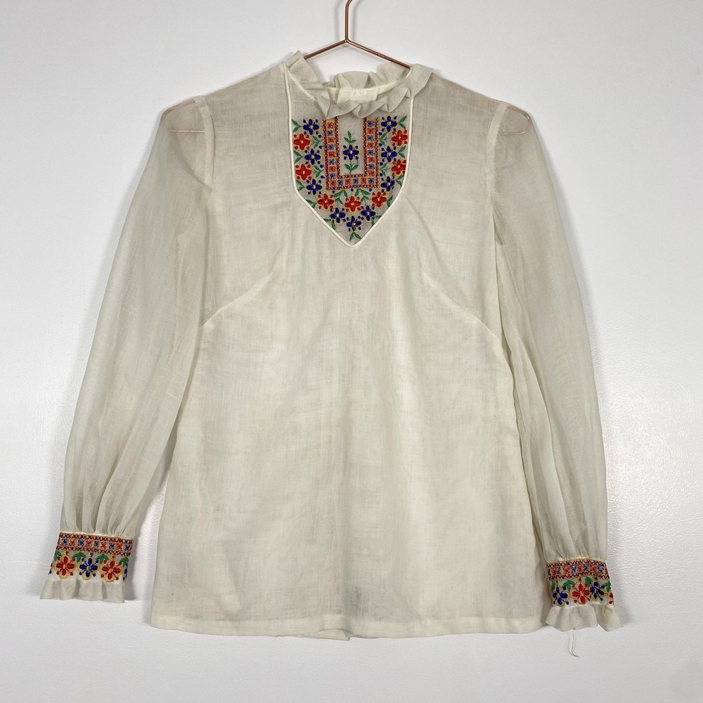 Blouse Womens Small Cream Embroidered High Neck Long Sleeve Sheer Boho Festival